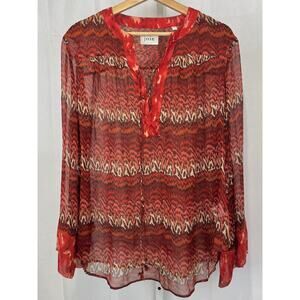 JOIE Bremene Sheer Silk Tunic Top Lace Up V Neck Printed Orange Red Brown Size L